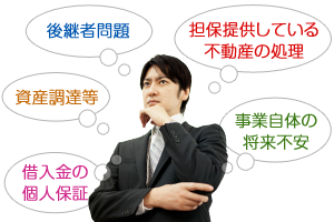 「後継者問題」「事業自体の将来不安」「借入金の個人保証」「担保提供している不動産の処理」「資産調達等」…etc